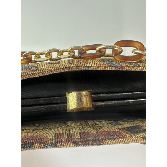 Vtg Morris Moskowitz Bag Tapestry Mini Purse Tortoise Chain Snap Closure Handbag - Picture 13 of 15
